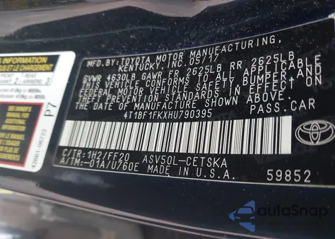 2017 Toyota Camry Se из США, поврежденный, VIN 4T1BF1FKXHU790395